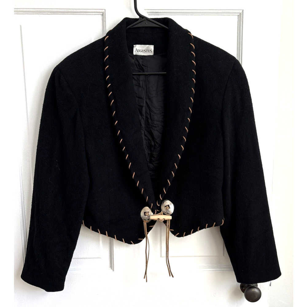 VTG Augustus 90"s Black Wool Cropped Southwestern Jacket Whipstitch Concho | 12